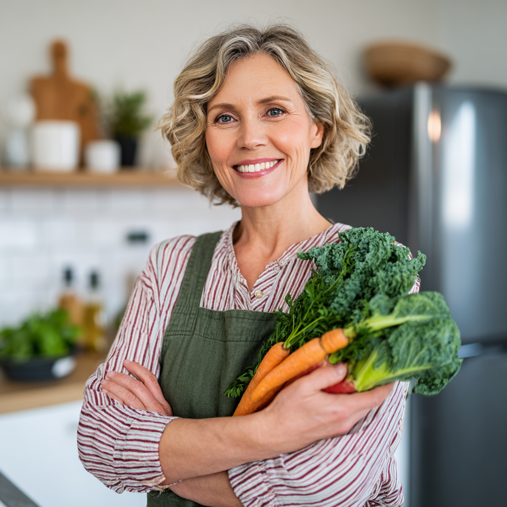 Smiling Ukrainian adults of various ages enjoying healthy meal planning together, showing satisfaction with balanced nutrition approach